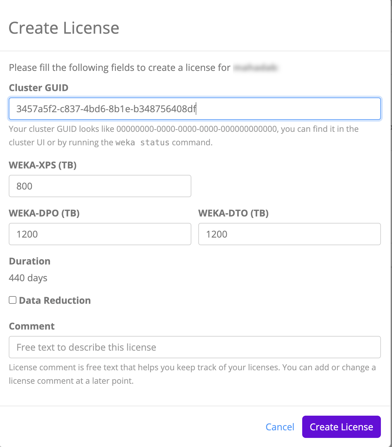 Create license dialog